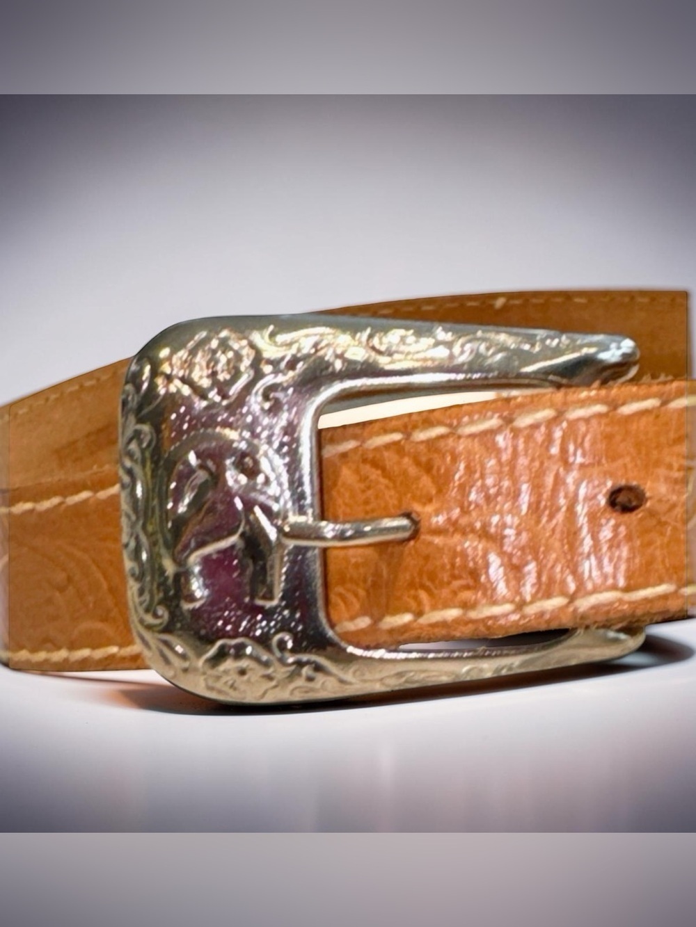 The Great NY Belt Company Western Leather Belt with Buckle. Tan, Silver. 32” - Picture 5 of 13